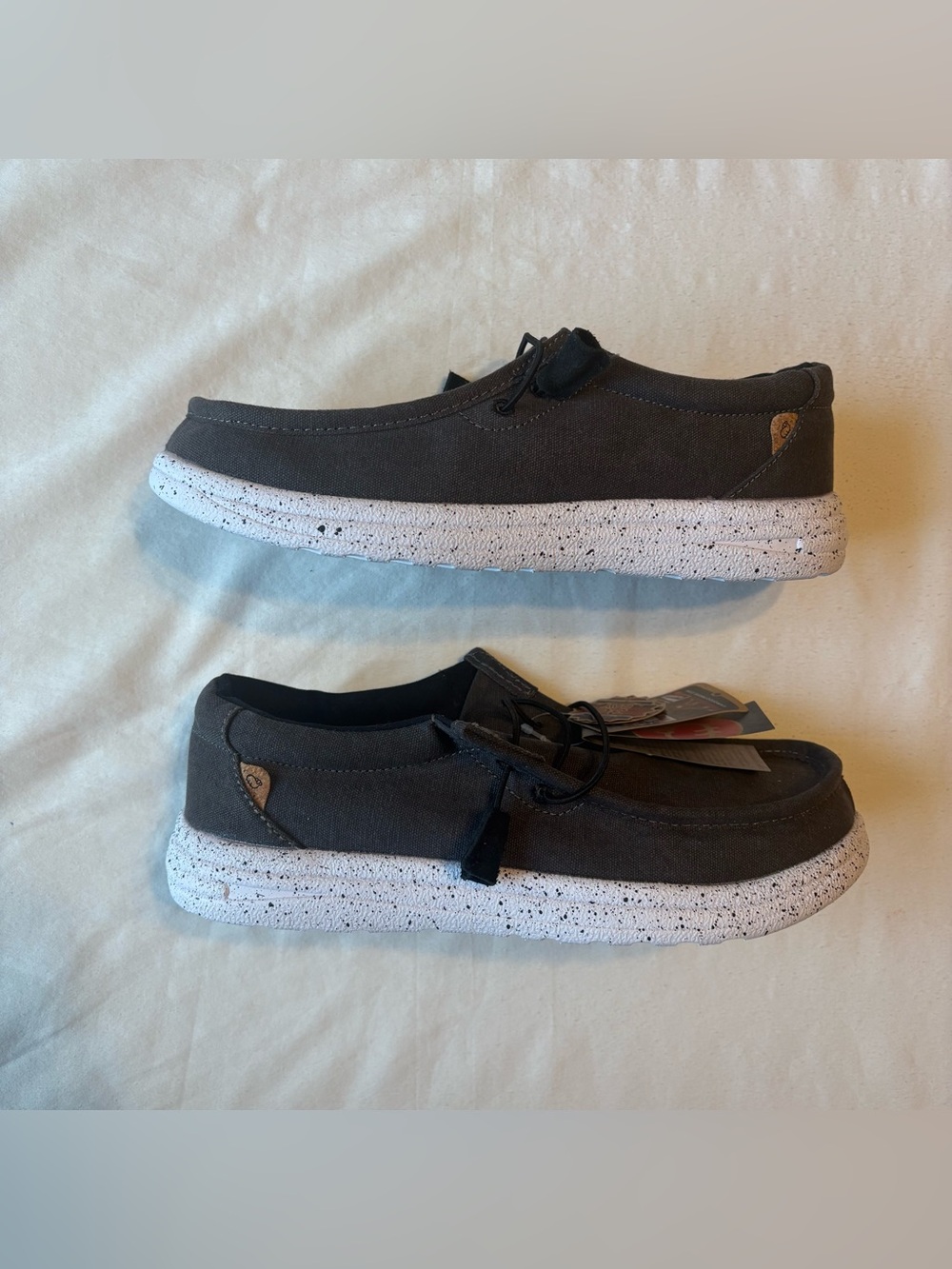 Lamo Men’s Slip-On Loafers in Dark Gray with White Sole and Black Drawcord Laces - Picture 2 of 5